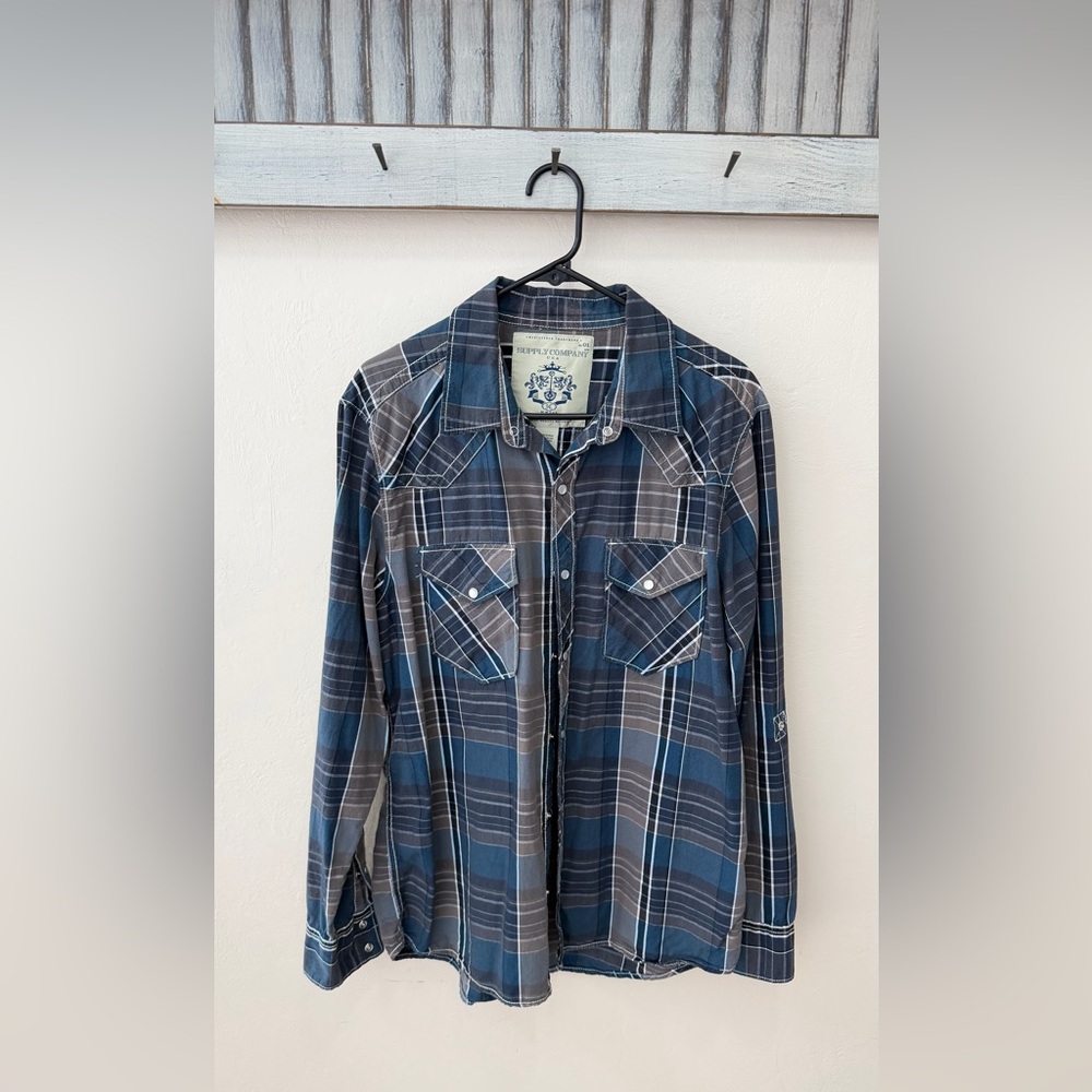 Men Women Vtg Supply Co Western Plaid Shirt Pearl Snaps Sz L